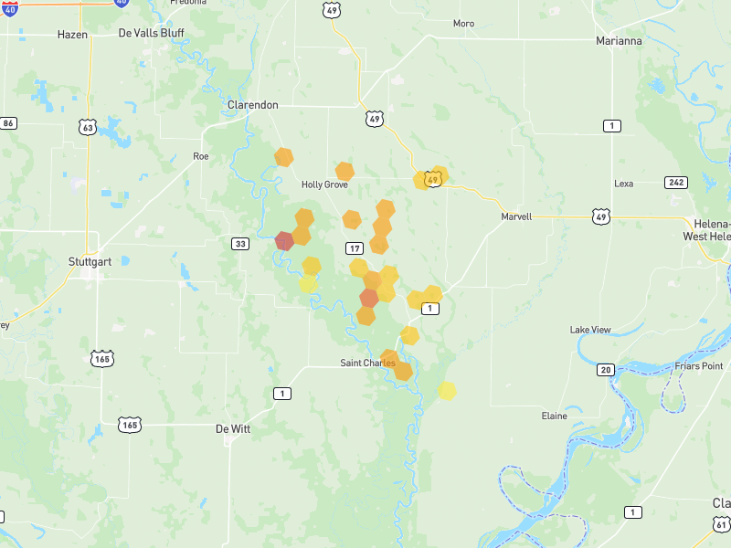 Hail map of Holly Grove, AR on Jun 2, 2026, hail up to 2"