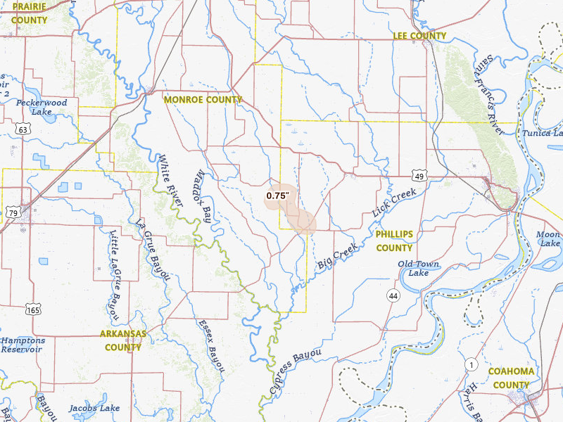 Radar-estimated hail-size map of the storm over Holly Grove, AR on Jul 6, 2026