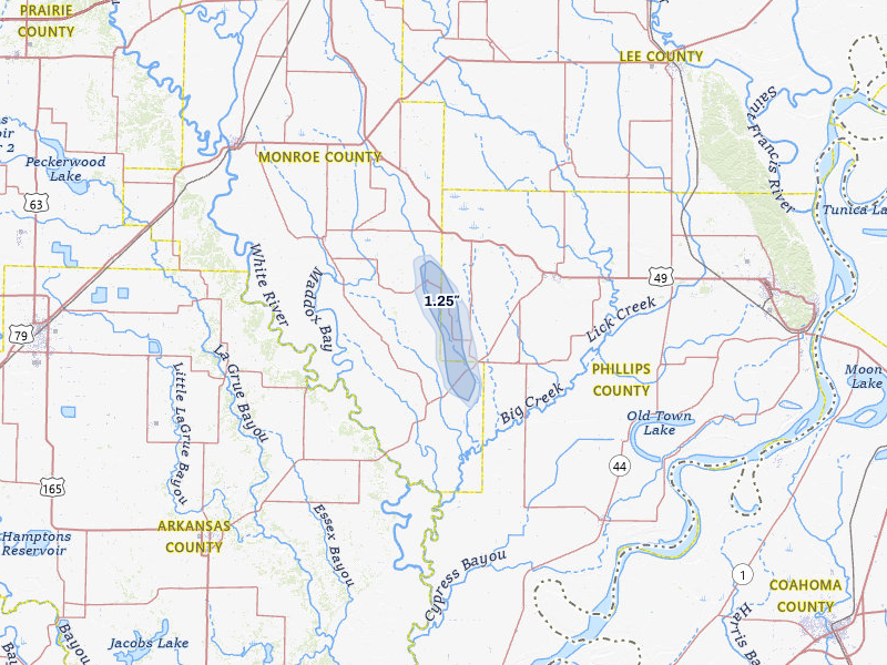 NEXRAD radar-signature map of the hail storm over Holly Grove, AR on Jul 6, 2026