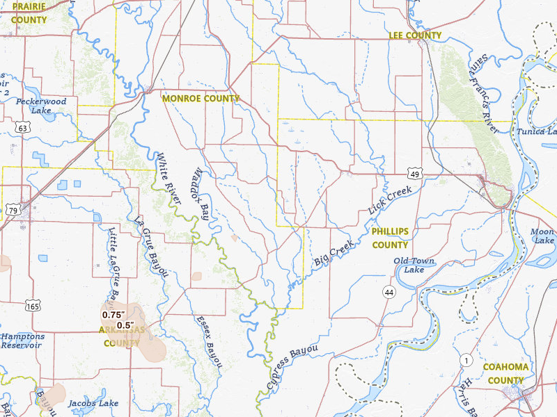 Radar-estimated hail-size map of the storm over Holly Grove, AR on Jul 11, 2026