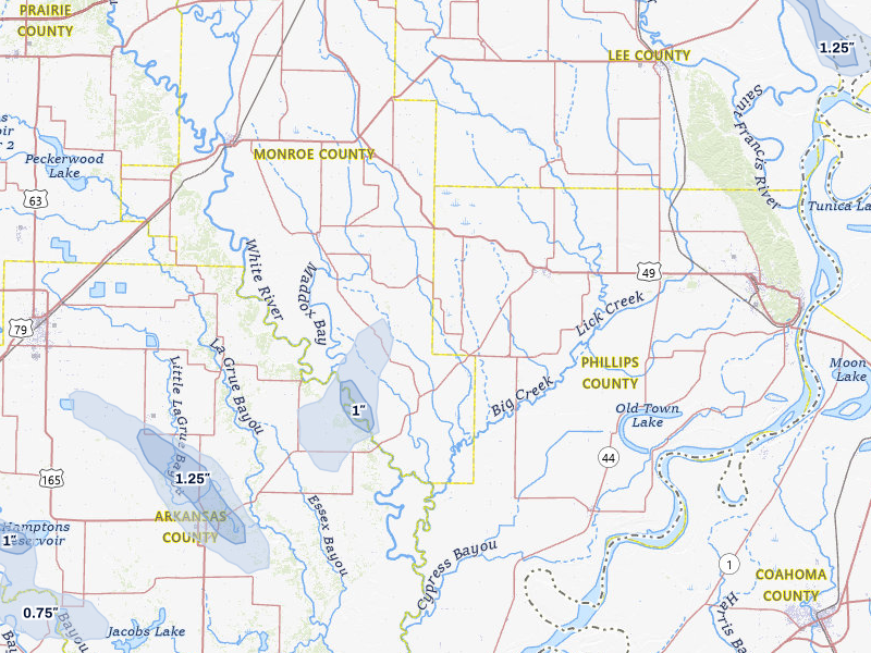 NEXRAD radar-signature map of the hail storm over Holly Grove, AR on Jul 11, 2026