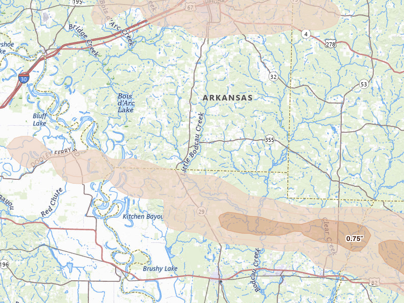 Radar-estimated hail-size map of the storm over Hope, AR on Mar 15, 2026
