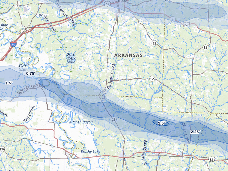 NEXRAD radar-signature map of the hail over Hope, AR
