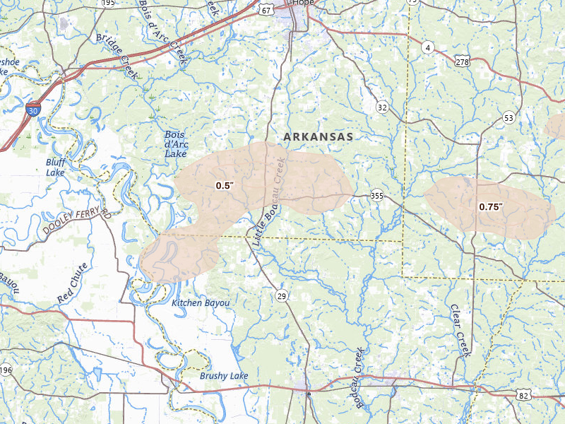 Radar-estimated hail-size map of the storm over Hope, AR on Apr 24, 2026