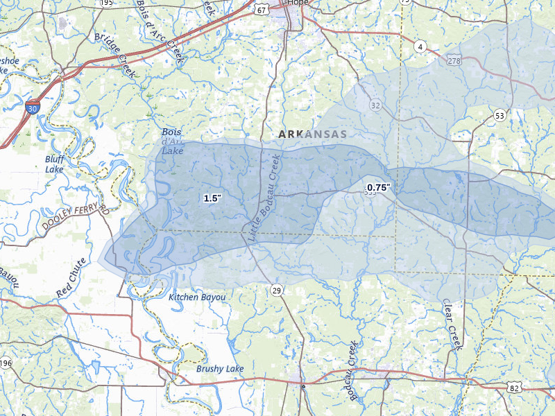 NEXRAD radar-signature map of the hail over Hope, AR