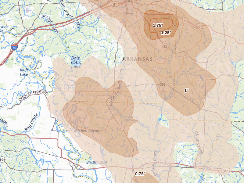 Radar-estimated hail-size map of the storm over Hope, AR on Apr 25, 2026
