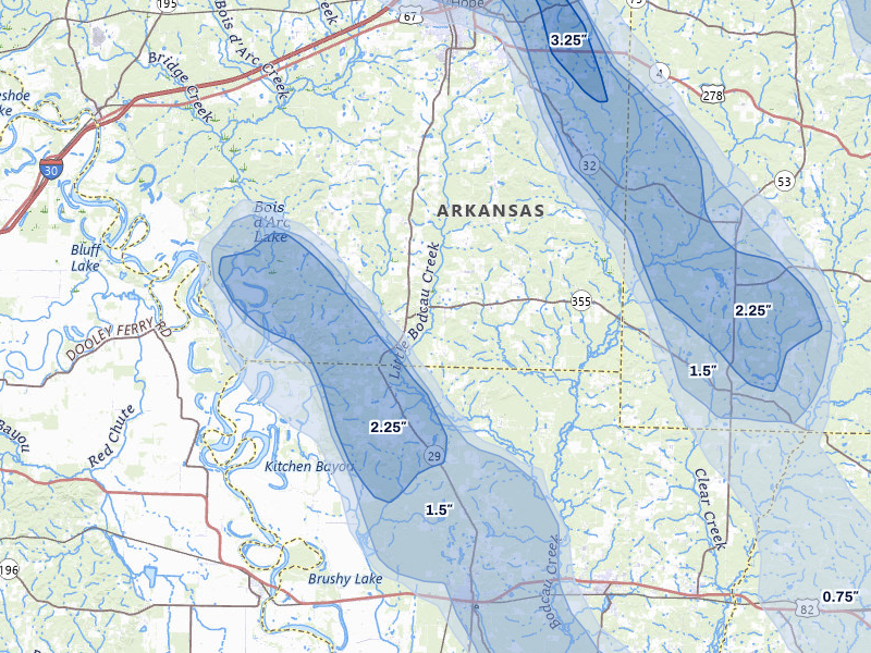NEXRAD radar-signature map of the hail over Hope, AR