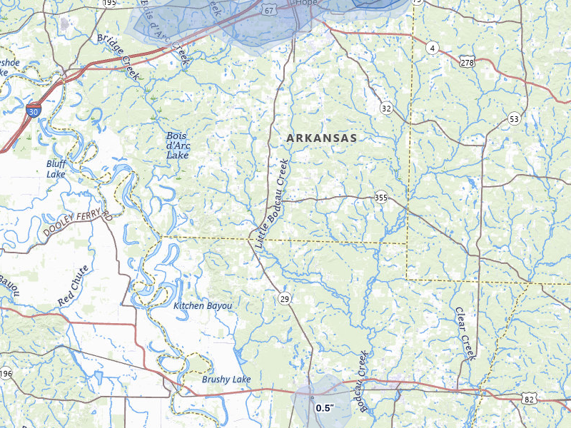 NEXRAD radar-signature map of the hail storm over Hope, AR on May 8, 2026