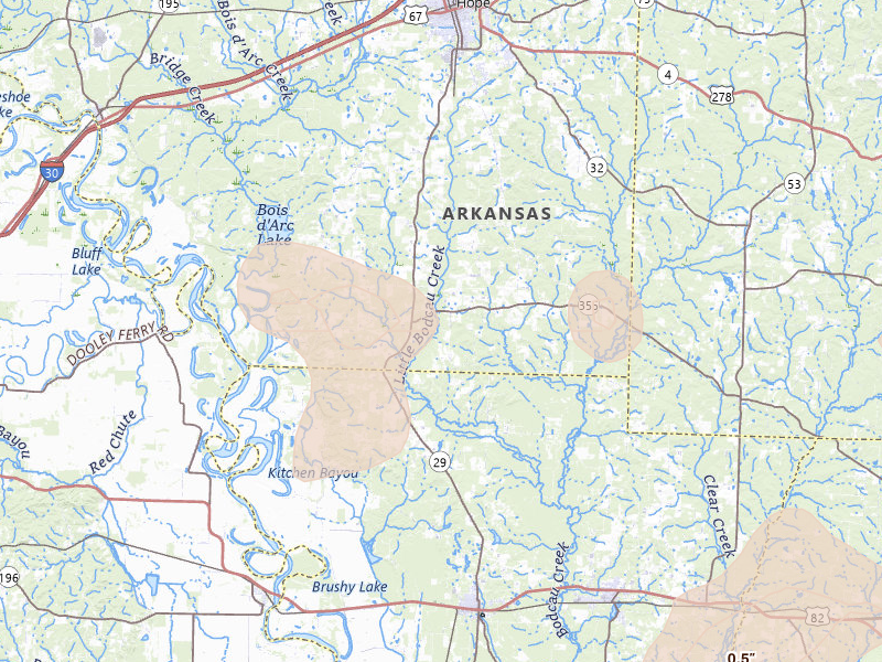 Radar-estimated hail-size map of the storm over Hope, AR on Jun 2, 2026