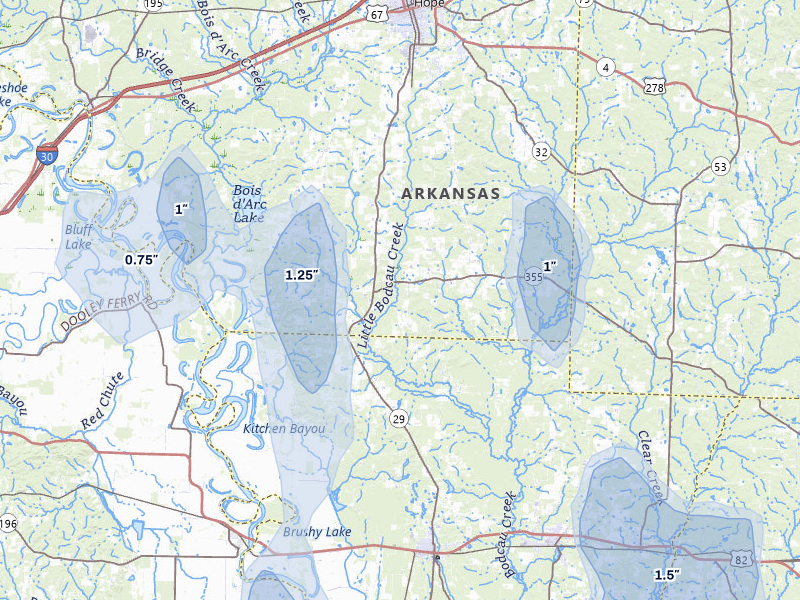 NEXRAD radar-signature map of the hail over Hope, AR