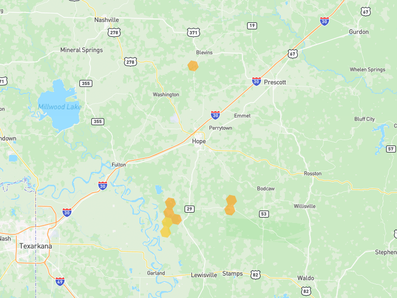 Hail map of Hope, AR on Jun 2, 2026, hail up to 1.25"