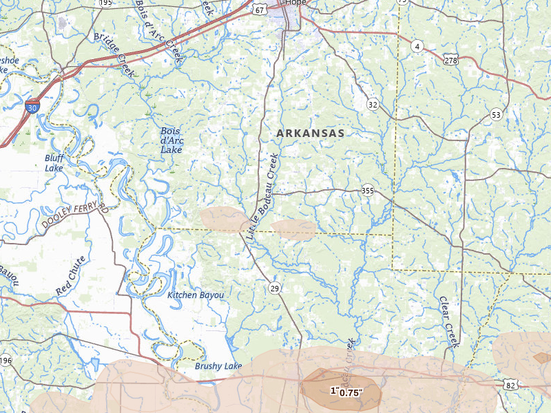 Radar-estimated hail-size map of the storm over Hope, AR on Jun 22, 2026