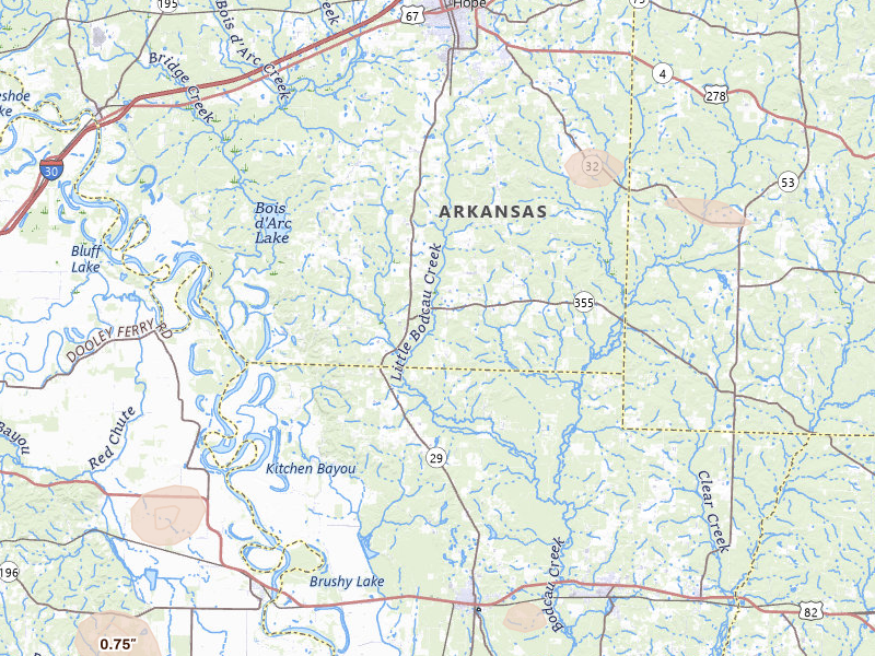 Radar-estimated hail-size map of the storm over Hope, AR on Jul 4, 2026