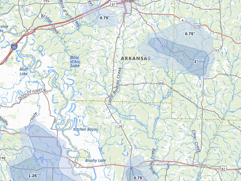 NEXRAD radar-signature map of the hail over Hope, AR