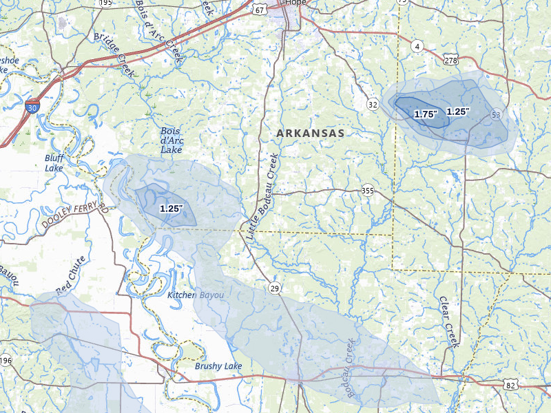 NEXRAD radar-signature map of the hail storm over Hope, AR on Jul 6, 2026
