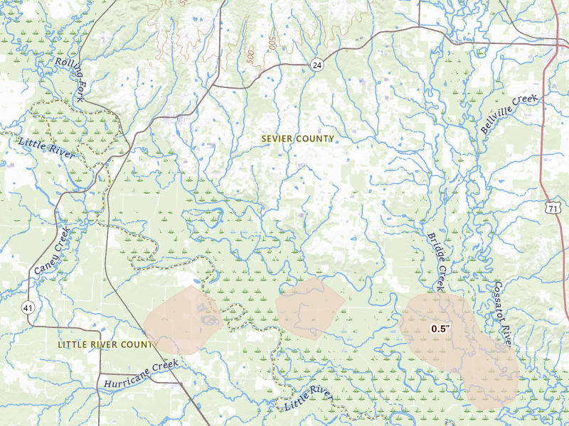 Radar-estimated hail-size map of the storm over Horatio, AR on Mar 15, 2026