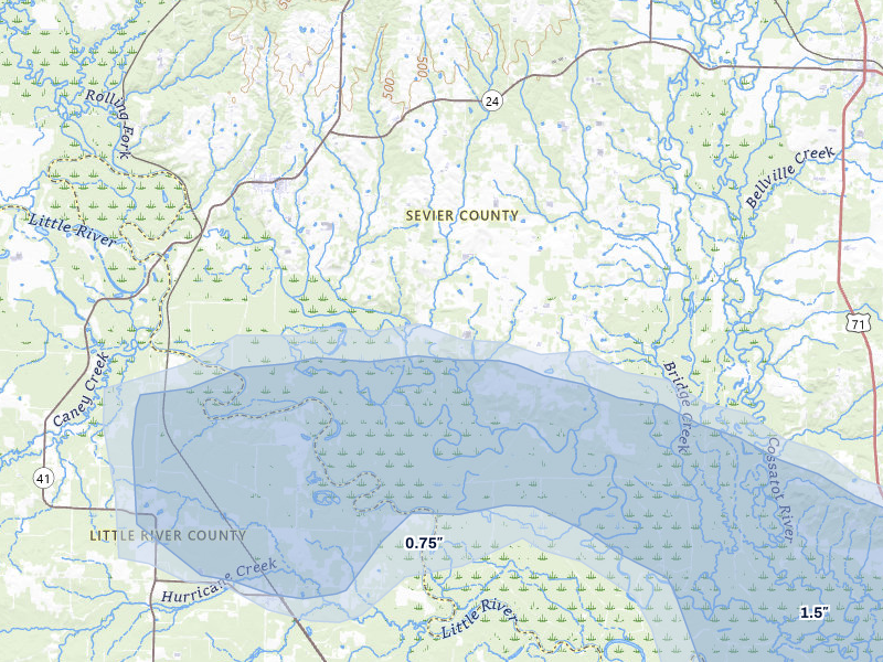 NEXRAD radar-signature map of the hail over Horatio, AR