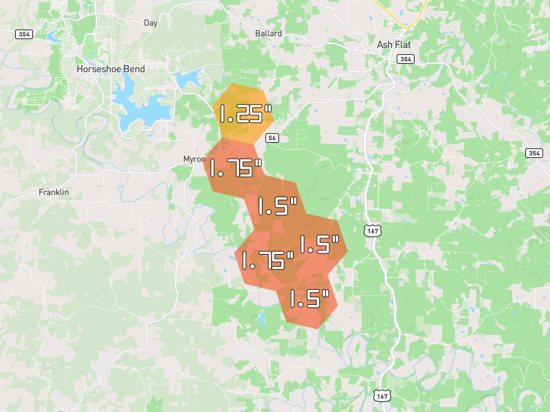 Hail map of Horseshoe Bend, AR on Jun 1, 2026, hail up to 1.75"