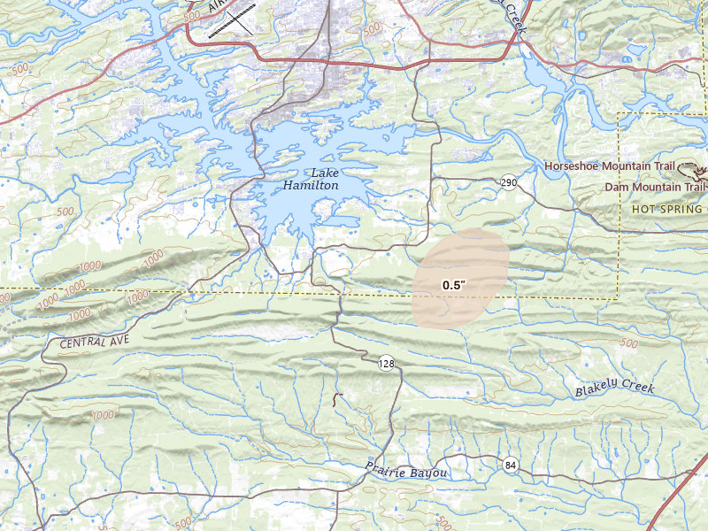 Radar-estimated hail-size map of the storm over Hot Springs National Park, AR on Mar 15, 2026
