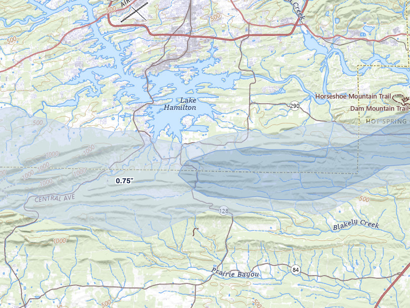 NEXRAD radar-signature map of the hail over Hot Springs National Park, AR