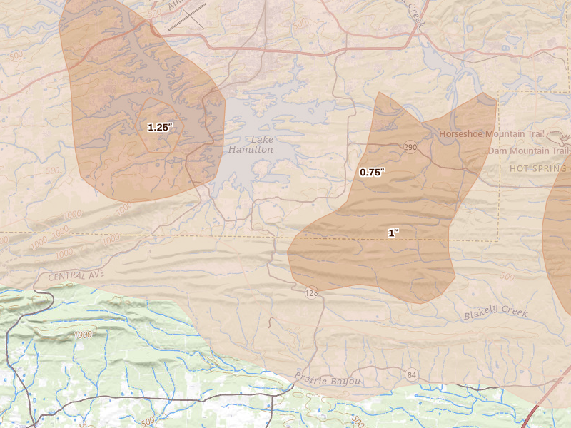 Radar-estimated hail-size map of the storm over Hot Springs National Park, AR on May 5, 2026