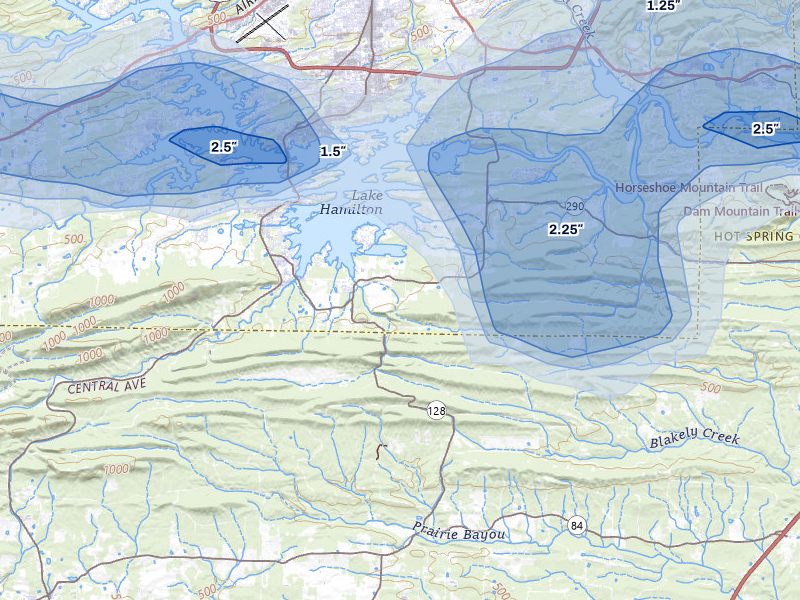 NEXRAD radar-signature map of the hail storm over Hot Springs National Park, AR on May 5, 2026