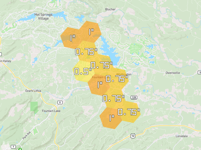 Hail map of Hot Springs National Park, AR on Jul 2, 2026, hail up to 1"