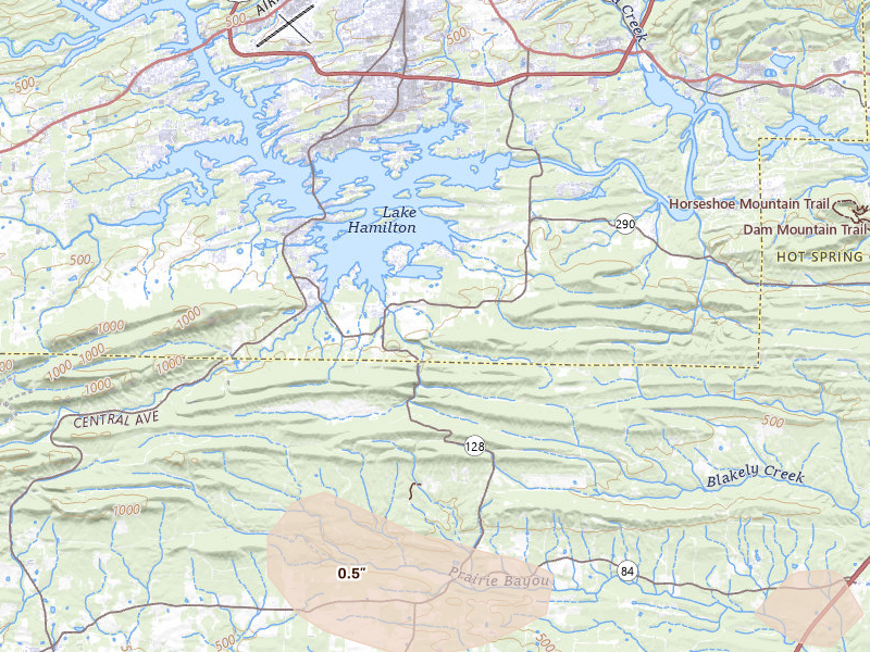 Radar-estimated hail-size map of the storm over Hot Springs National Park, AR on Jul 4, 2026