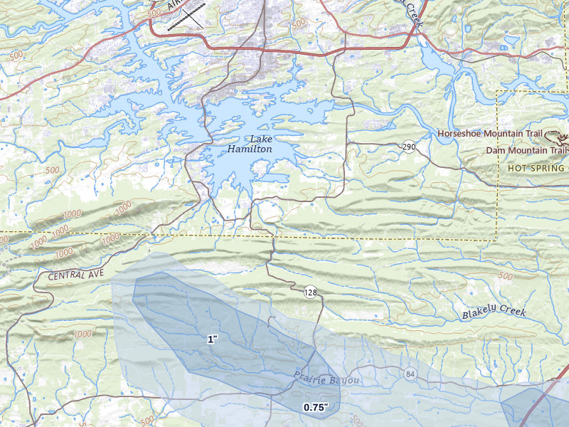 NEXRAD radar-signature map of the hail over Hot Springs National Park, AR