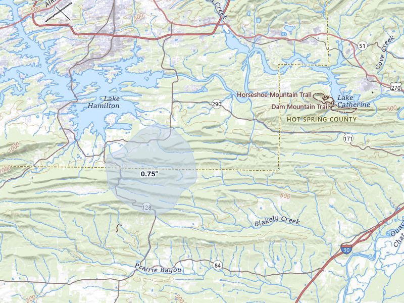 NEXRAD radar-signature map of the hail storm over Hot Springs National Park, AR on Aug 6, 2026