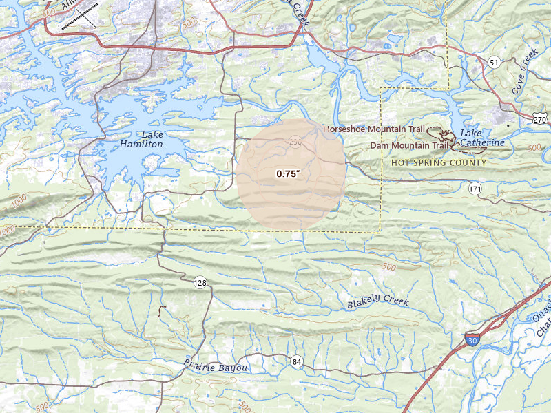 Radar-estimated hail-size map of the storm over Hot Springs National Park, AR on Aug 7, 2026