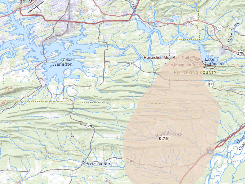 Radar-estimated hail-size map of the storm over Hot Springs National Park, AR on Aug 26, 2026