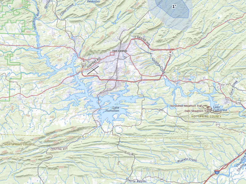 NEXRAD radar-signature map of the hail storm over Hot Springs National Park, AR on Aug 26, 2026