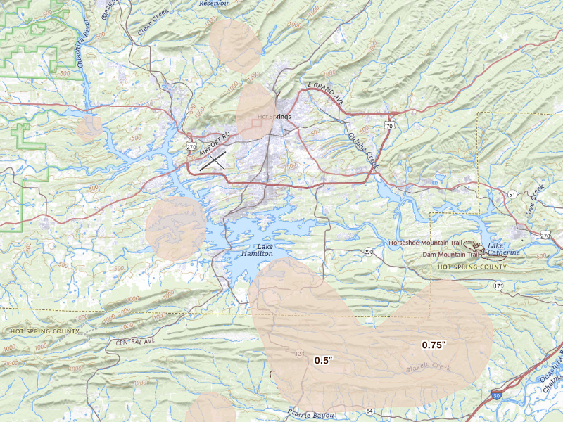 Radar-estimated hail-size map of the storm over Hot Springs National Park, AR on Sep 12, 2026