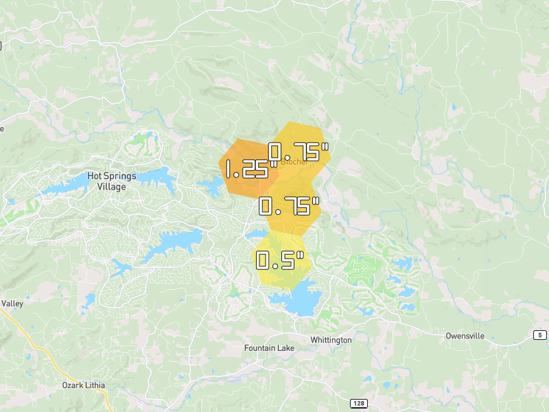 Hail map of Hot Springs Village, AR on Jun 2, 2026, hail up to 1.25"