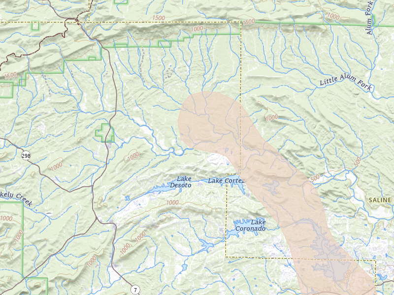 Radar-estimated hail-size map of the storm over Hot Springs Village, AR on Jul 1, 2026