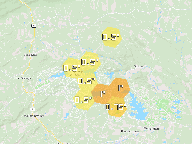Hail map of Hot Springs Village, AR on Jul 2, 2026, hail up to 1"