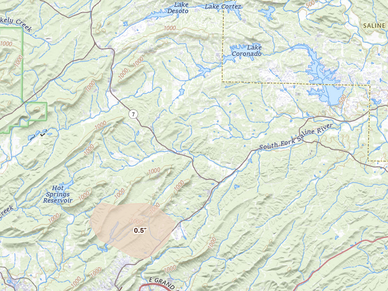 Radar-estimated hail-size map of the storm over Hot Springs Village, AR on Aug 18, 2026