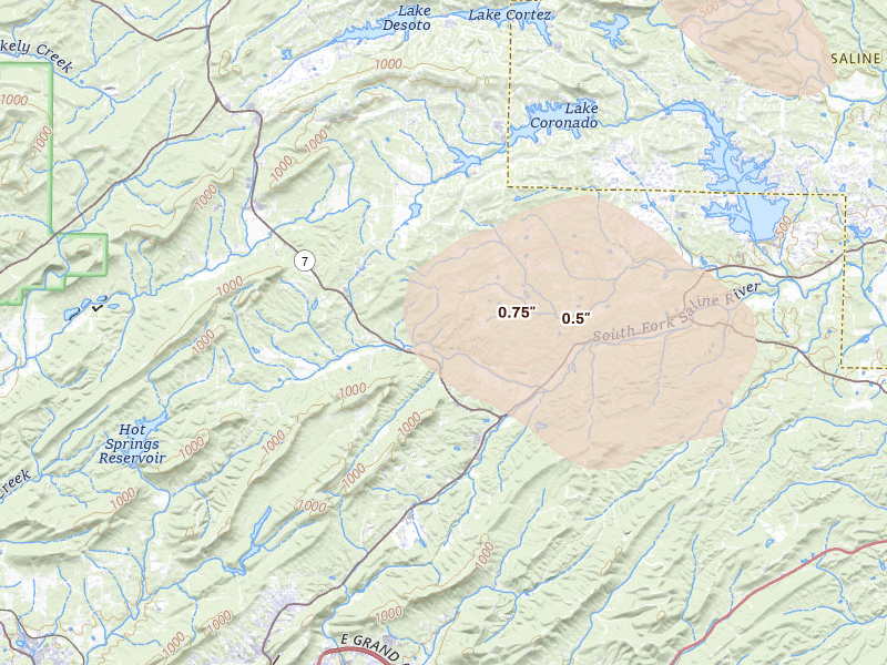 Radar-estimated hail-size map of the storm over Hot Springs Village, AR on Aug 22, 2026