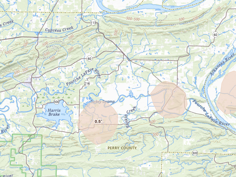 Radar-estimated hail-size map of the storm over Houston, AR on Mar 15, 2026