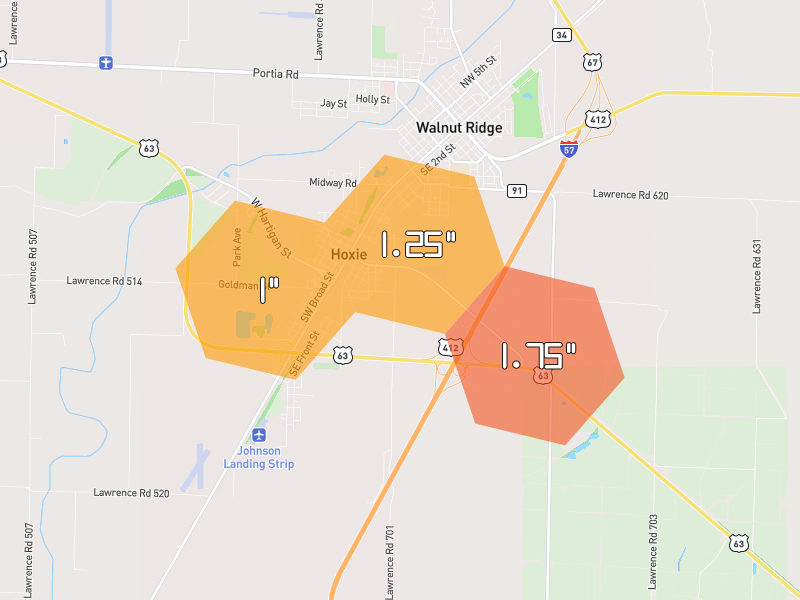 Hail map of Hoxie, AR on Jul 11, 2026, hail up to 1.75"