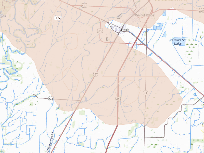 Radar-estimated hail-size map of the storm over Hoxie, AR on Aug 22, 2026