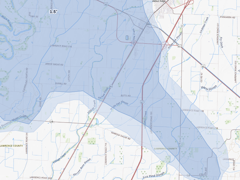 NEXRAD radar-signature map of the hail storm over Hoxie, AR on Aug 22, 2026