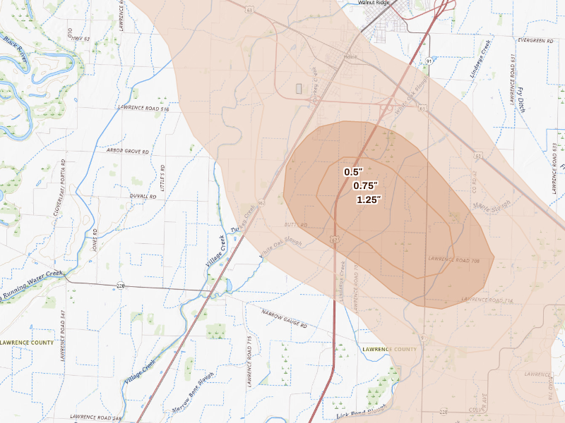 Radar-estimated hail-size map of the storm over Hoxie, AR