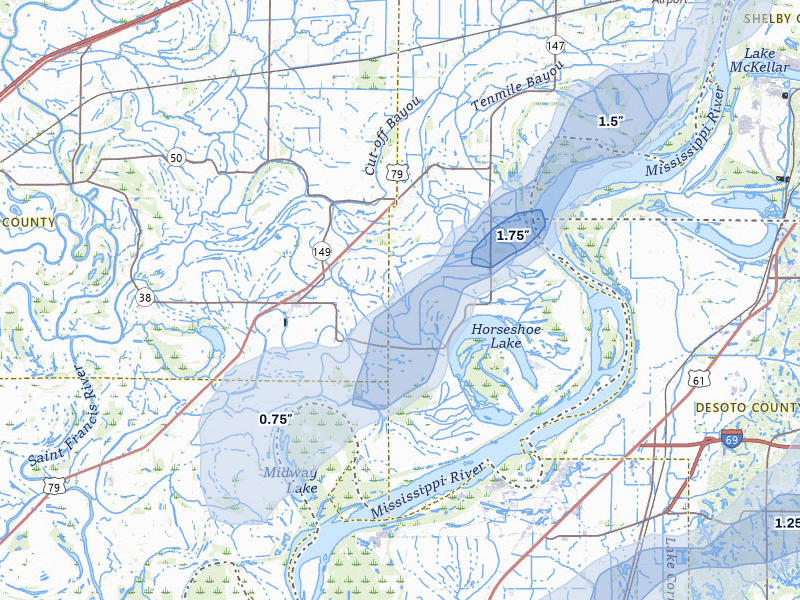 NEXRAD radar-signature map of the hail over Hughes, AR