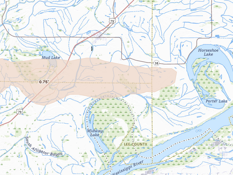 Radar-estimated hail-size map of the storm over Hughes, AR on Apr 27, 2026