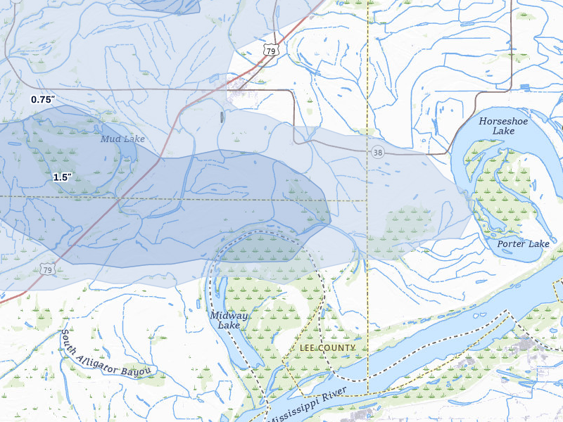 NEXRAD radar-signature map of the hail over Hughes, AR