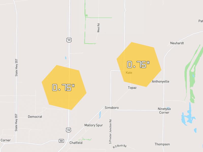 Hail map of Hughes, AR on Jun 1, 2026, hail up to 0.75"