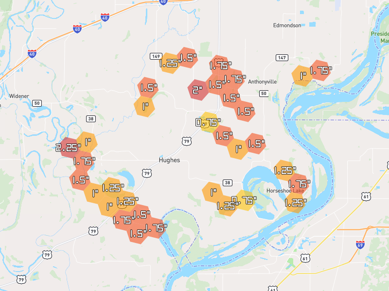 Hail map of Hughes, AR on Jun 2, 2026, hail up to 2.25"