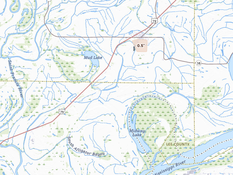 Radar-estimated hail-size map of the storm over Hughes, AR on Aug 22, 2026